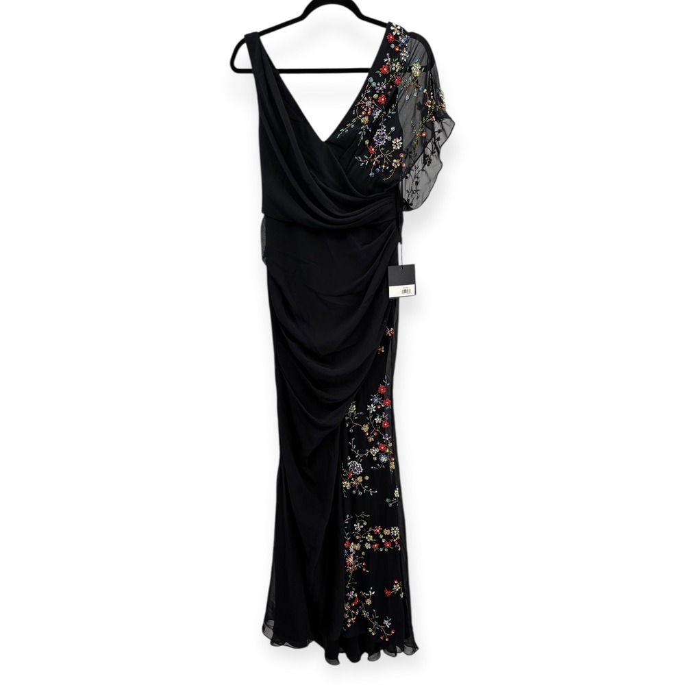 NWT‎ Mac Duggal Black Faux Wrap Multi Colored Beaded Floral Gown $798 - Size 2 - Picture 3 of 15